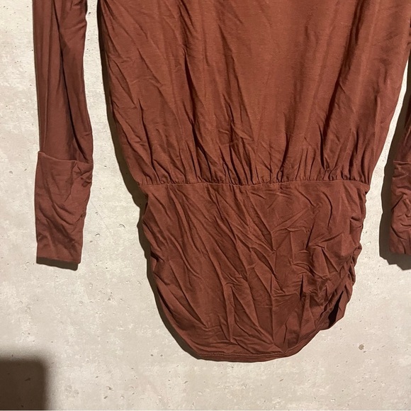 Boston Proper Top Size S Brown Ruched Blouson Elastic Waist Long Sleeves - Picture 4 of 9
